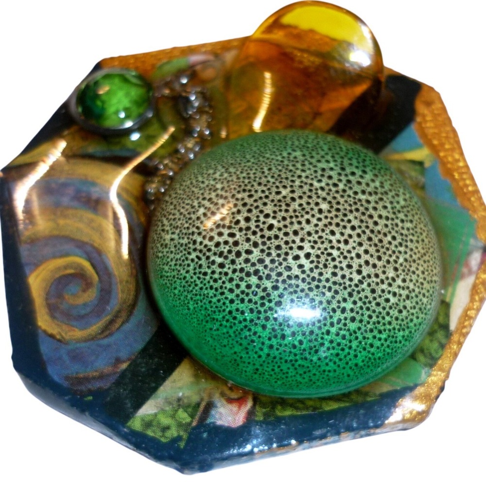 Handmade Mixed Media Assemblage Art Brooch Pin Green Amber Glass Octagon 2 Inch